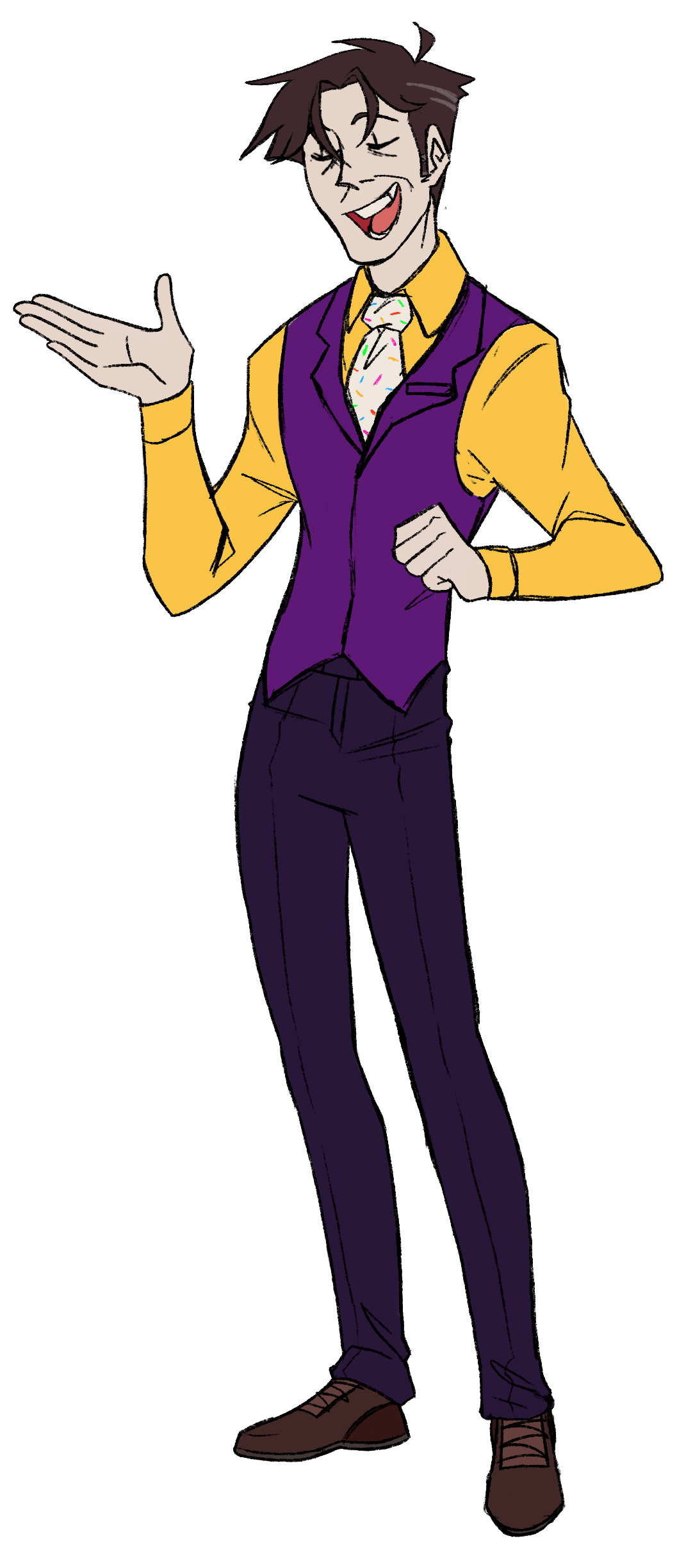 william afton wearing a purple waistcoat, yellow dress shirt, and a white confetti tie